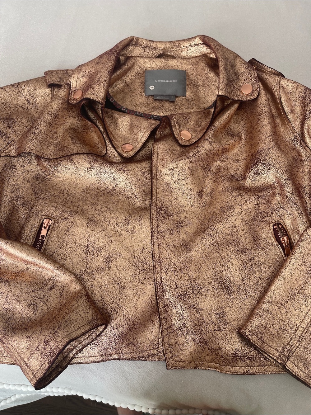 Anthropologie Metallic Bronze Cropped Bomber Jacket